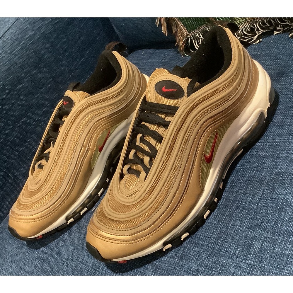 Nike Air Max 97 QS Metallic Gold White Red Bullet 918890-700 Sz 7Y / Womens 8.5